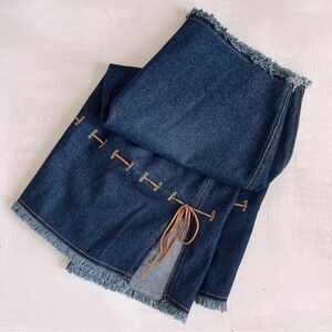 [CLIO] Y2K 100% Cotton Denim Raw Hem + Waist Suede String Side Split Skirt